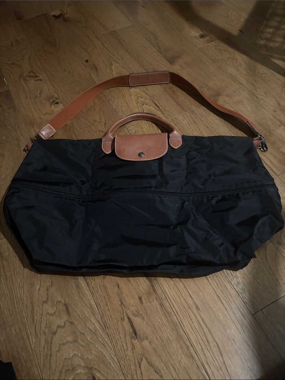Longchamp Black Nylon Expandable Travel Tote with Brown Trim and Strap